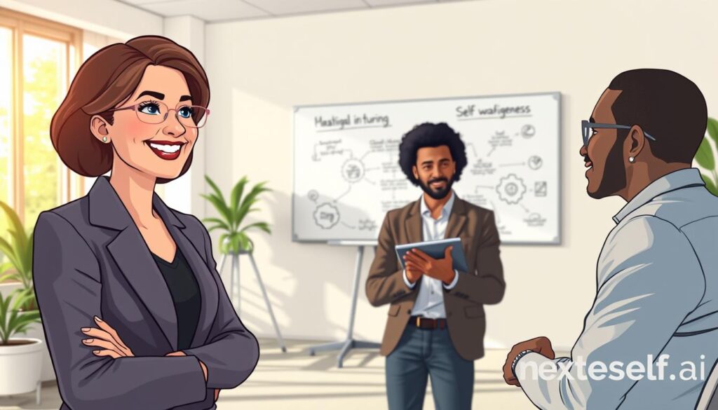 A serene office environment featuring a diverse group of three professionals engaged in an emotional intelligence workshop. In the foreground, a confident woman in professional attire is leading a discussion, her expression warm and inviting. In the middle ground, two men attentively listen, one taking notes and the other nodding thoughtfully, both dressed in smart casual attire. The room is bathed in soft natural light coming from large windows, creating an uplifting atmosphere. In the background, a whiteboard displays key concepts related to self-awareness and emotional intelligence, subtly illustrated with simple diagrams. The overall mood is positive and collaborative, emphasizing growth and connection. Render this scene in a realistic style with a focus on facial expressions and body language to convey engagement and understanding. Include the brand identity "nextself.ai" subtly integrated within the setting.