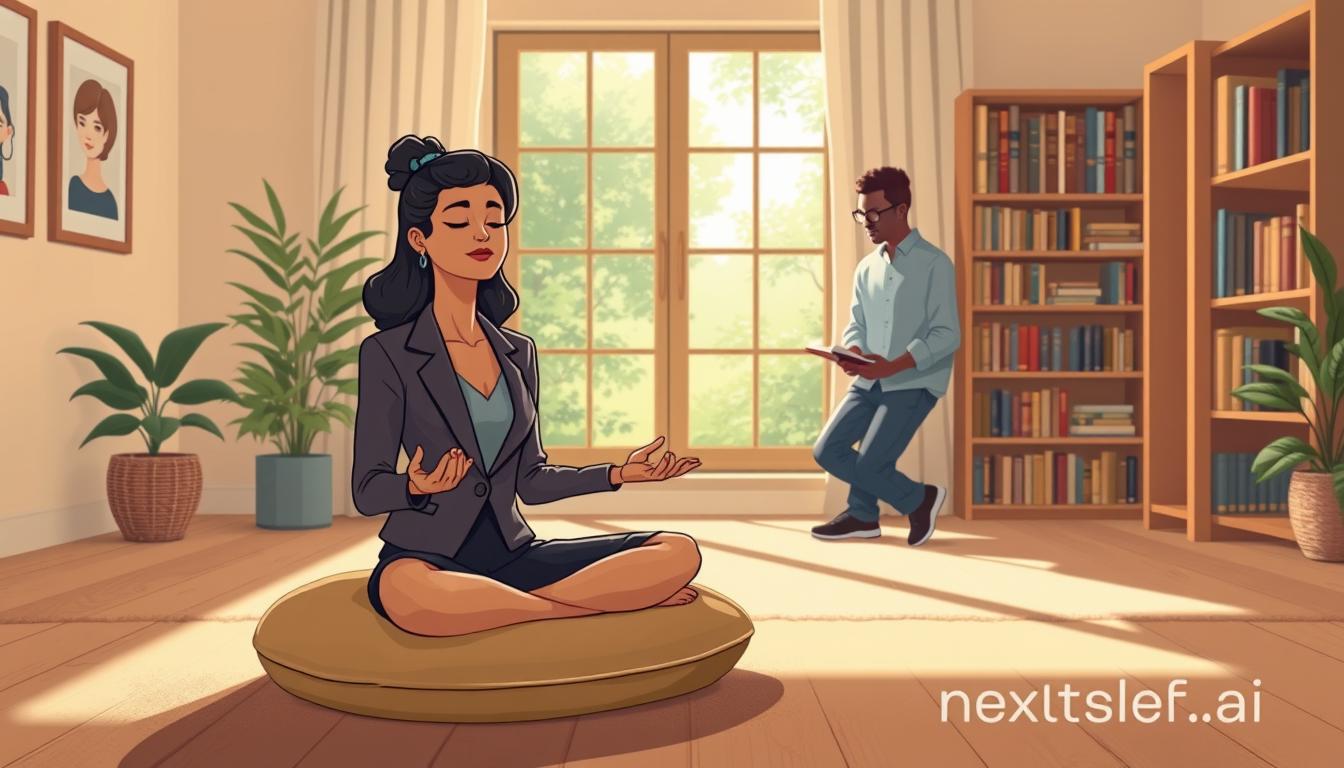 A person sitting quietly in soft natural light with an open journal, a setting for self awareness practice